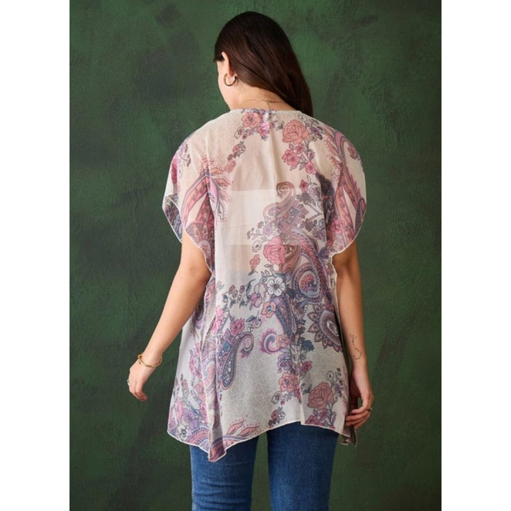Snuggle Spot Women's Chiffon Printed Short Sleeves Shrug (White - Purple)