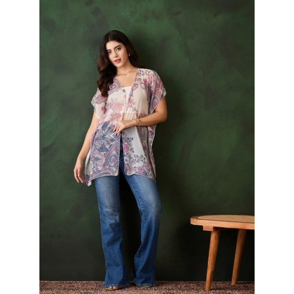 Snuggle Spot Women's Chiffon Printed Short Sleeves Shrug (White - Purple)
