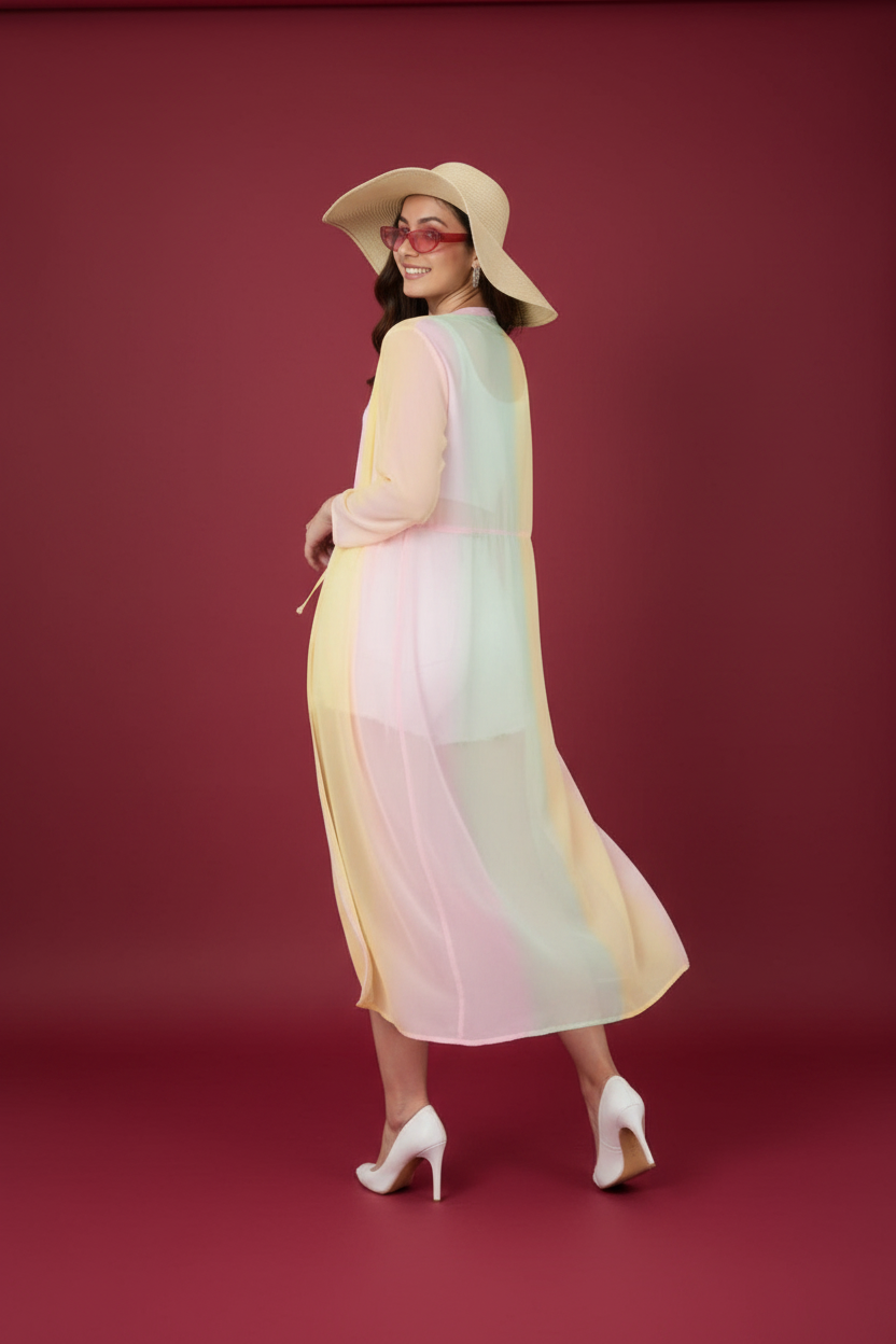 Woman in a beach outfit with a hat, cardigan, and shorts on a white background