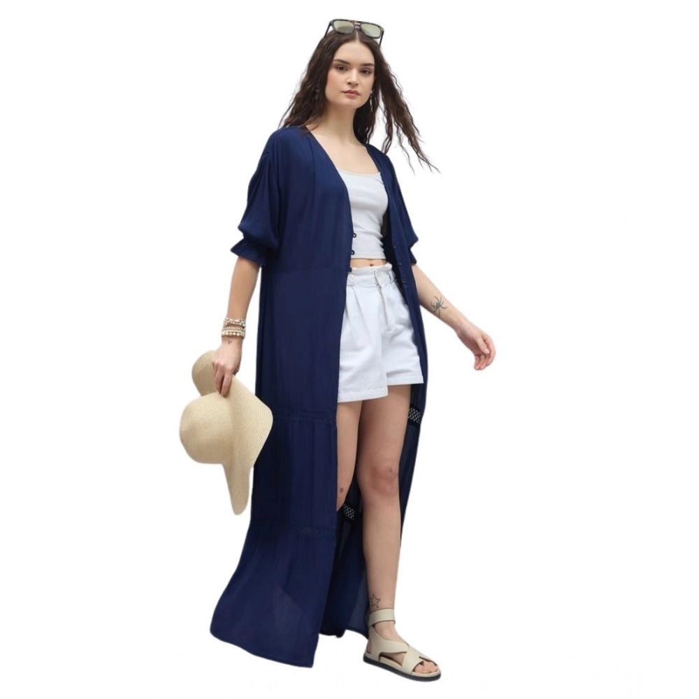 Snuggle Spot Women's Rayon Crepe Lace Inserts 3-4th Sleeve Shrug (Navy)