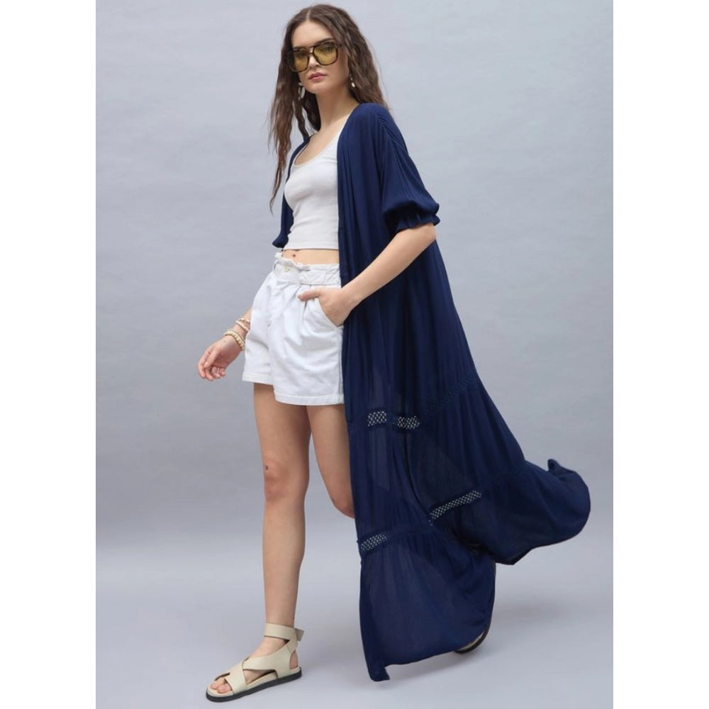 Snuggle Spot Women's Rayon Crepe Lace Inserts 3-4th Sleeve Shrug (Navy)