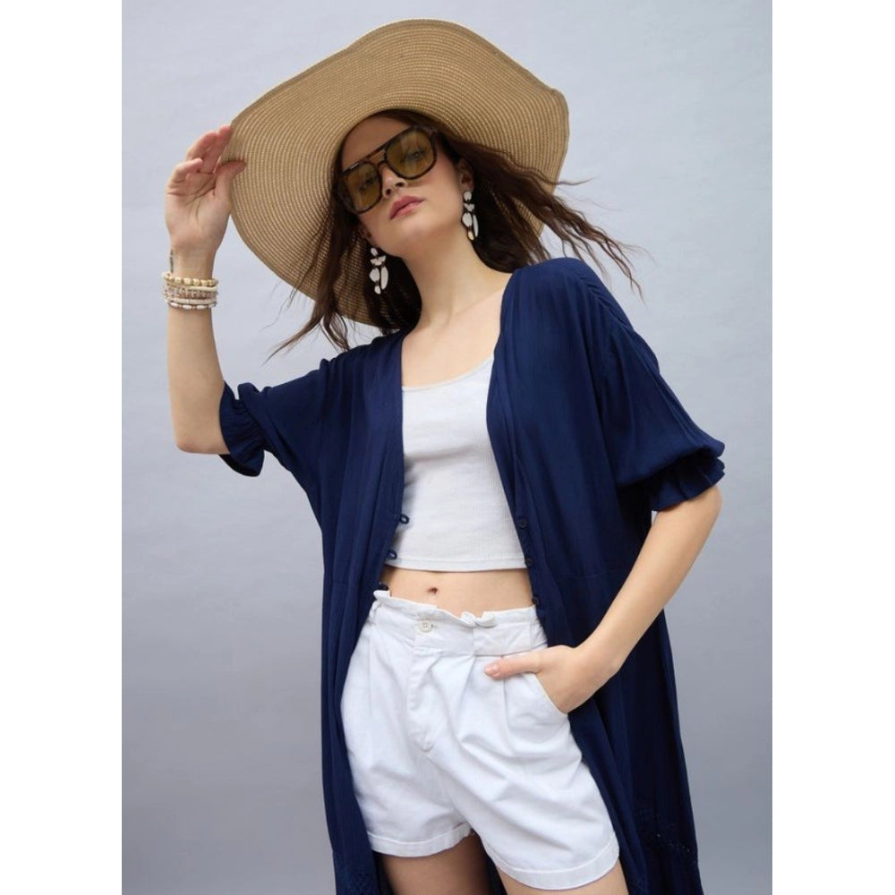 Snuggle Spot Women's Rayon Crepe Lace Inserts 3-4th Sleeve Shrug (Navy)
