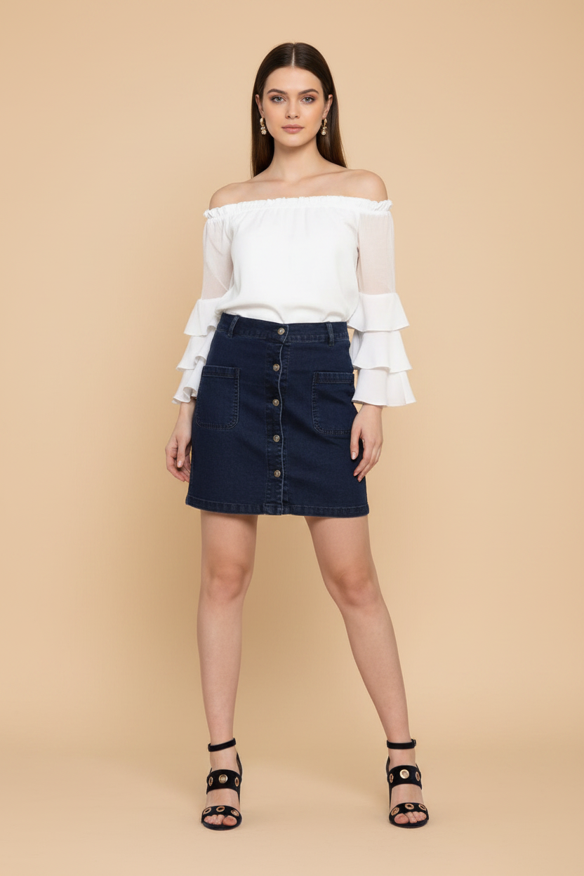Snuggle Spot Women's Denim Front Button Buttoned Skirt (Blue)