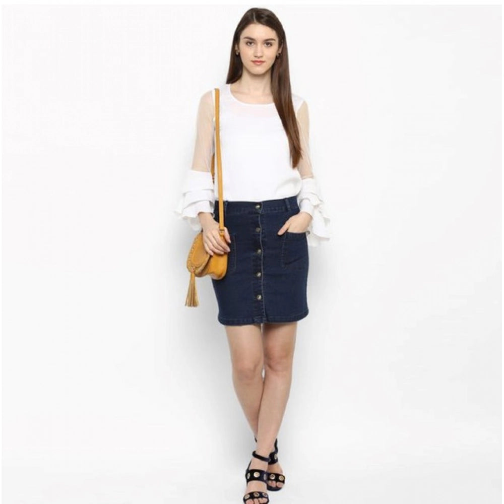 Snuggle Spot Women's Denim Front Button Buttoned Skirt (Blue)