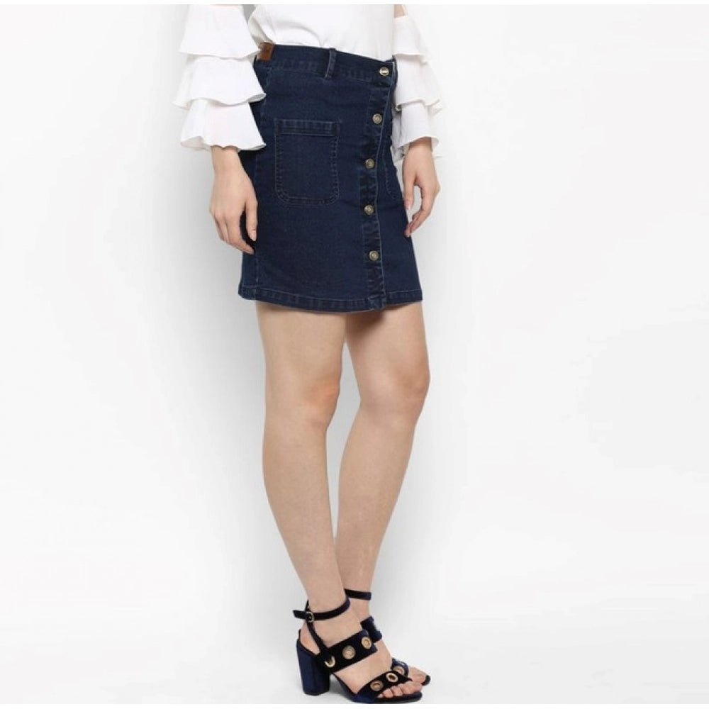 Snuggle Spot Women's Denim Front Button Buttoned Skirt (Blue)