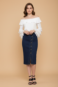 Snuggle Spot Women's Denim Front Button Buttoned Skirt (Blue)