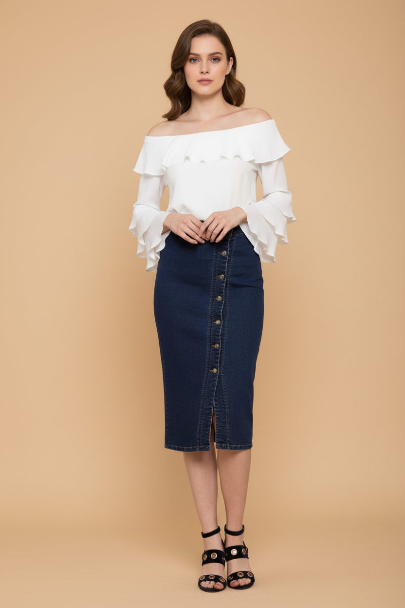 Snuggle Spot Women's Denim Front Button Buttoned Skirt (Blue)