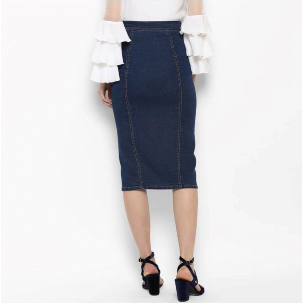 Snuggle Spot Women's Denim Front Button Buttoned Skirt (Blue)