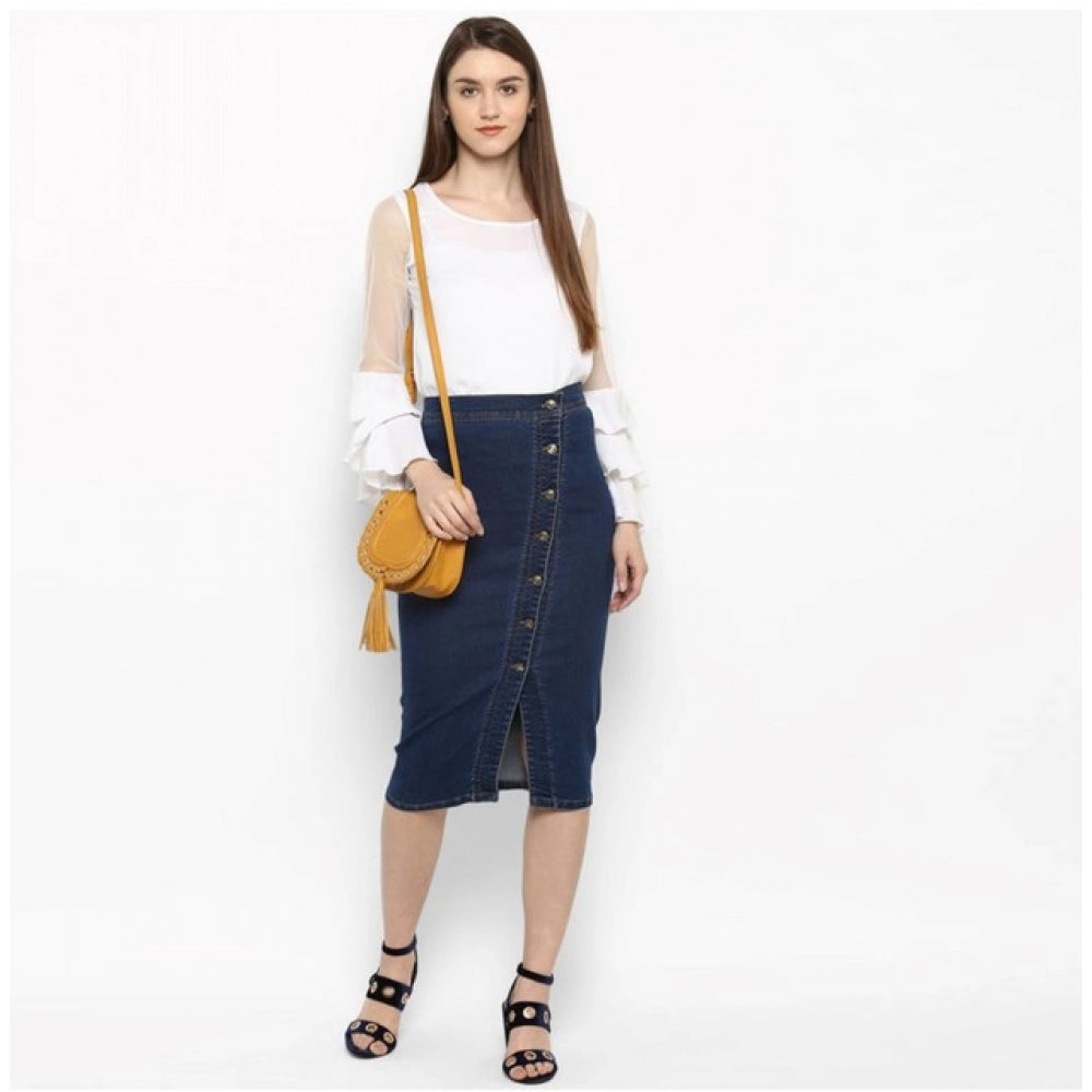 Snuggle Spot Women's Denim Front Button Buttoned Skirt (Blue)