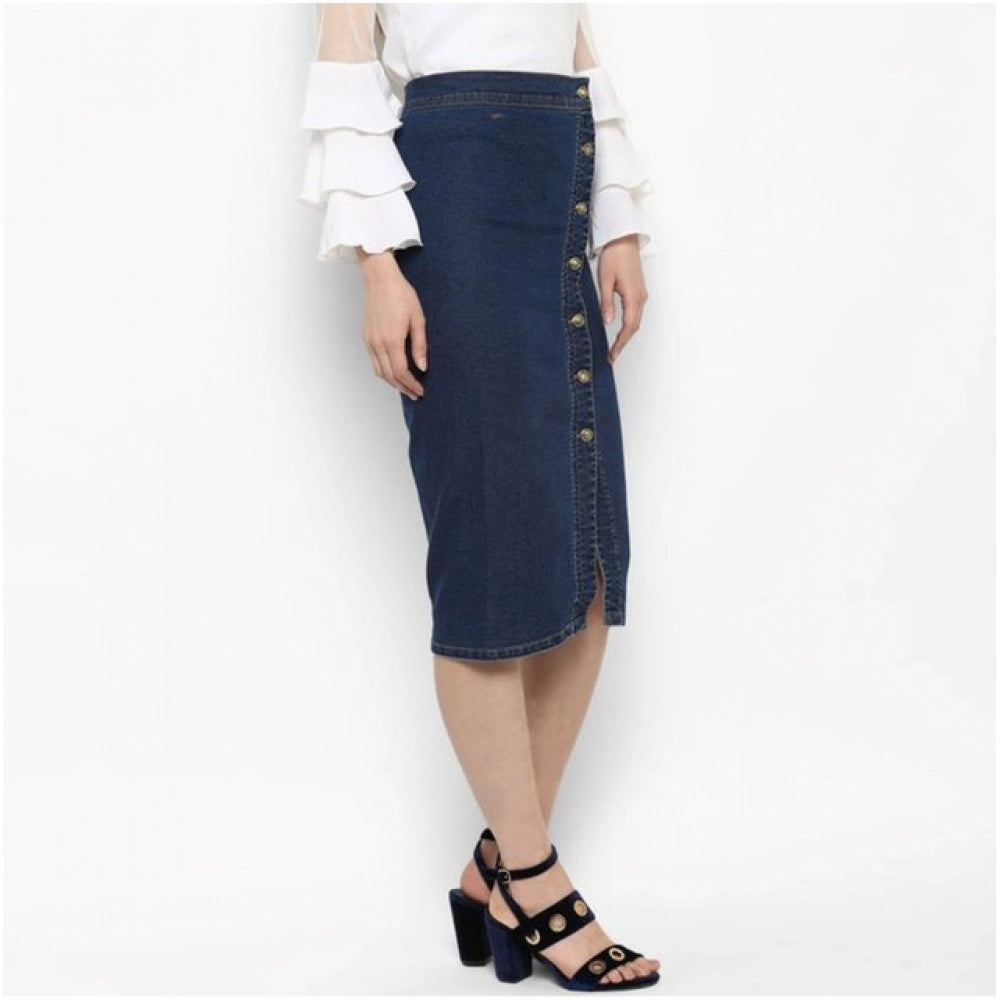 Snuggle Spot Women's Denim Front Button Buttoned Skirt (Blue)