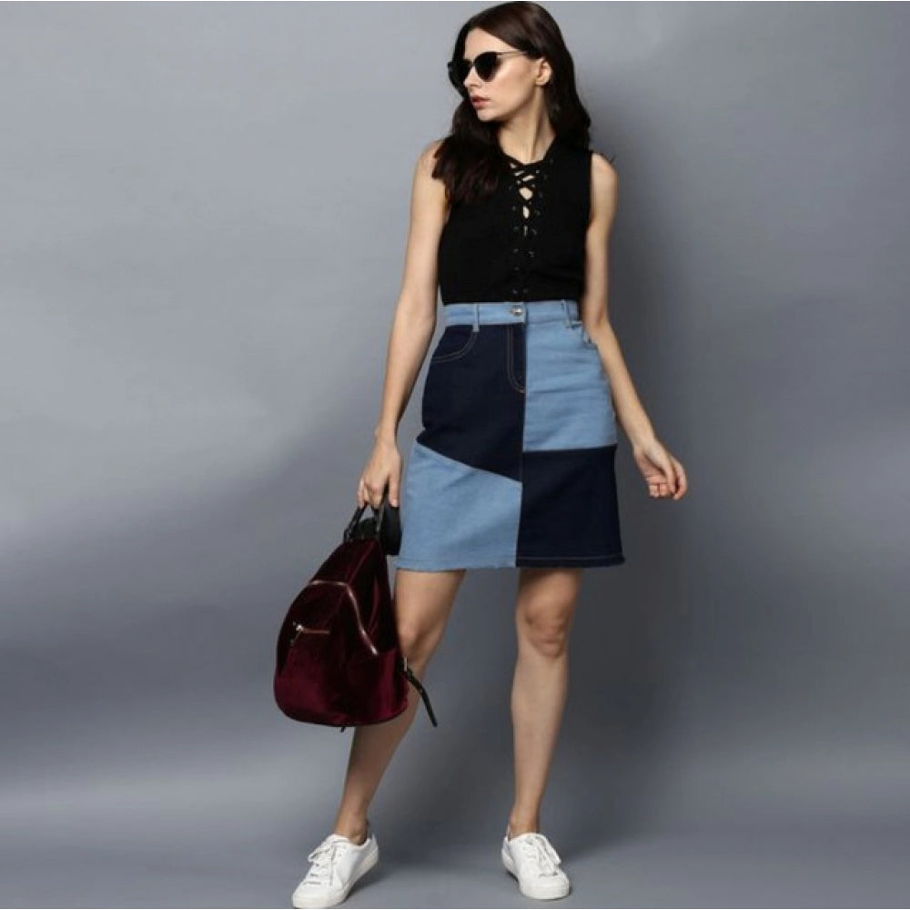 Snuggle Spot Women's Denim Brick Style Buttoned Skirt (Blue)