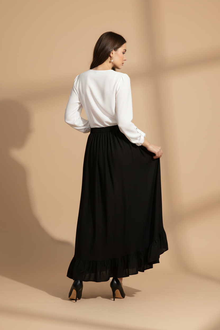 Snuggle Spot Women's Rayon Ruffled Elasticated Skirt (Black)
