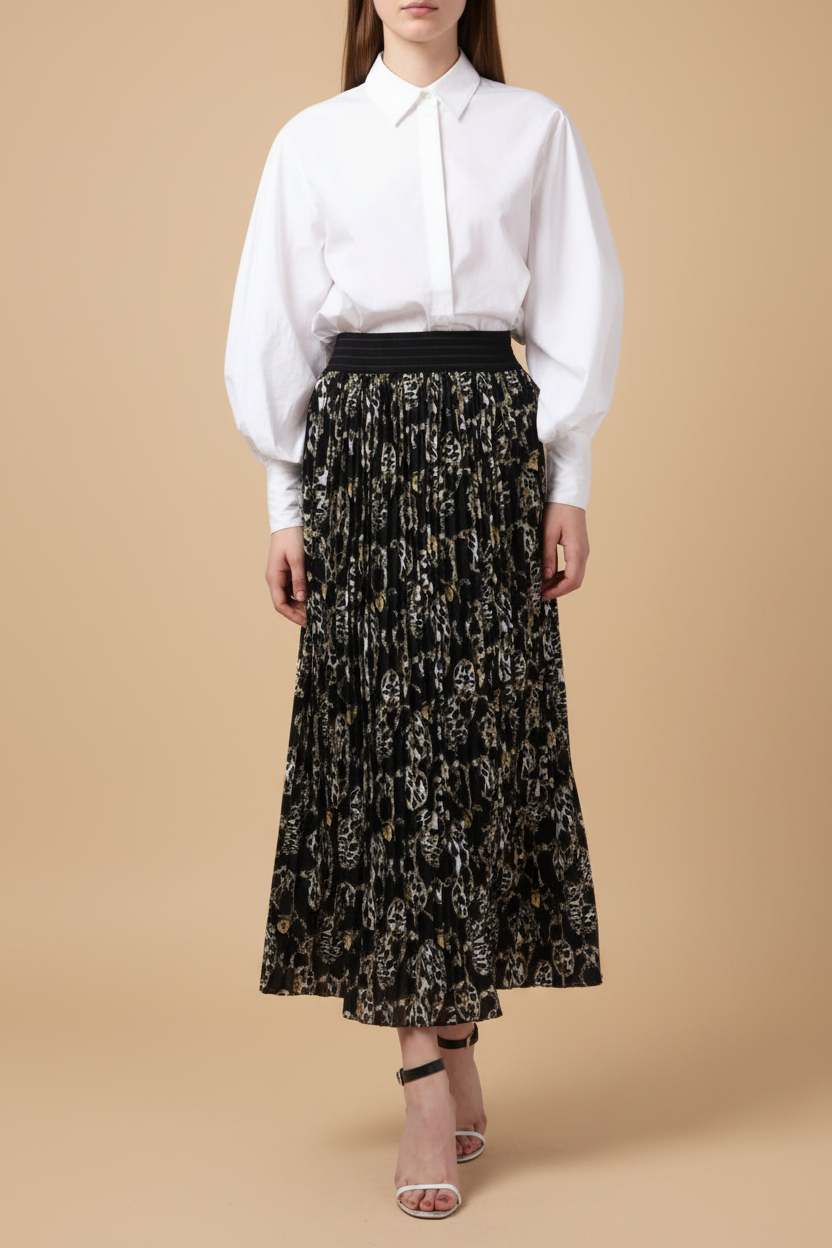 Snuggle Spot Women's Georgette Chain Print Elasticated Skirt (Black-Cream)