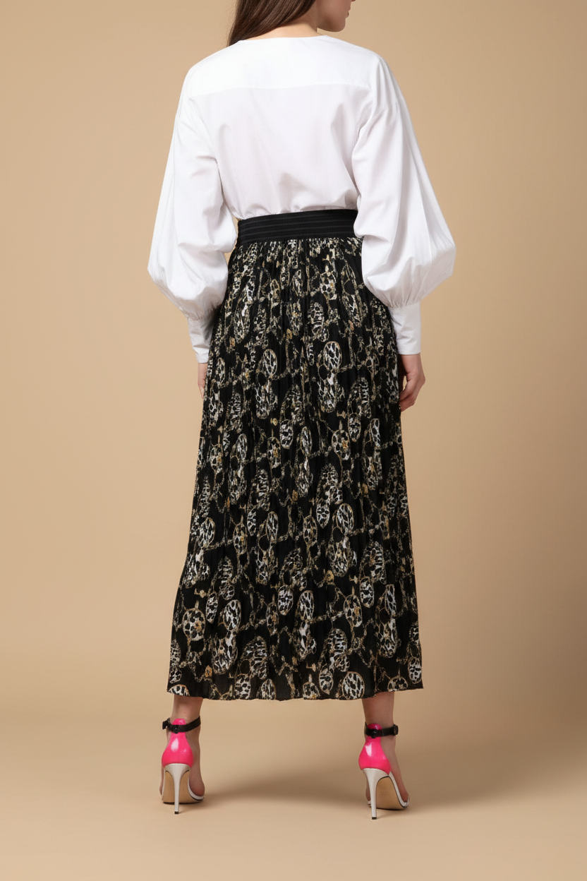 Snuggle Spot Women's Georgette Chain Print Elasticated Skirt (Black-Cream)