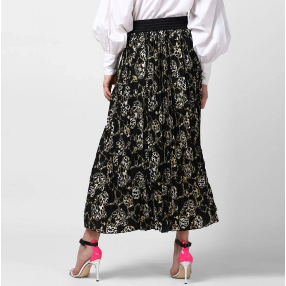 Snuggle Spot Women's Georgette Chain Print Elasticated Skirt (Black-Cream)
