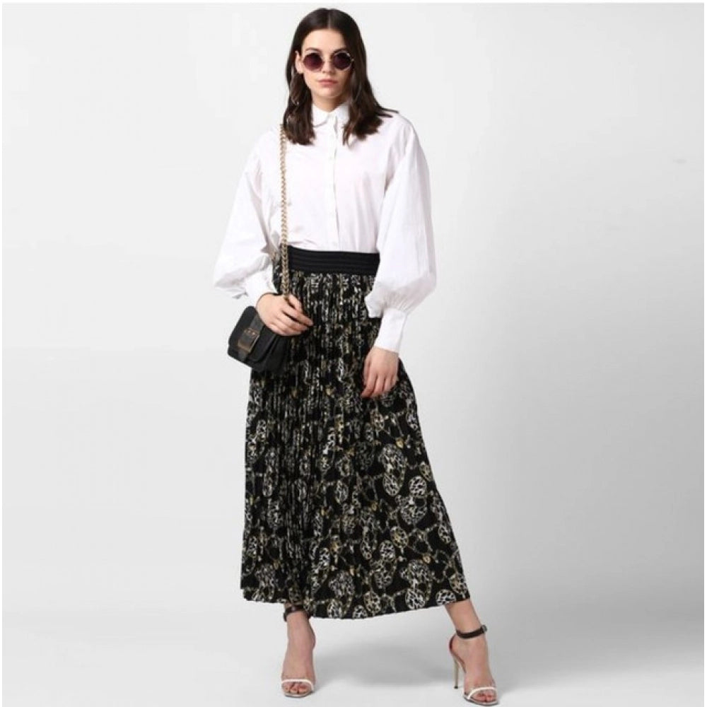 Snuggle Spot Women's Georgette Chain Print Elasticated Skirt (Black-Cream)