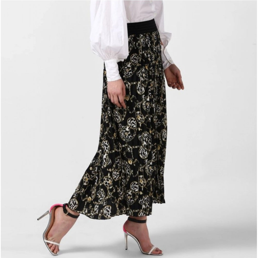 Snuggle Spot Women's Georgette Chain Print Elasticated Skirt (Black-Cream)