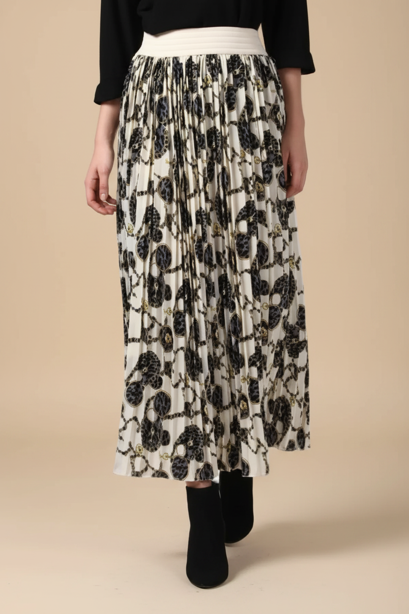 Snuggle Spot Women's Georgette Chain Print Elasticated Skirt (Cream-Black)