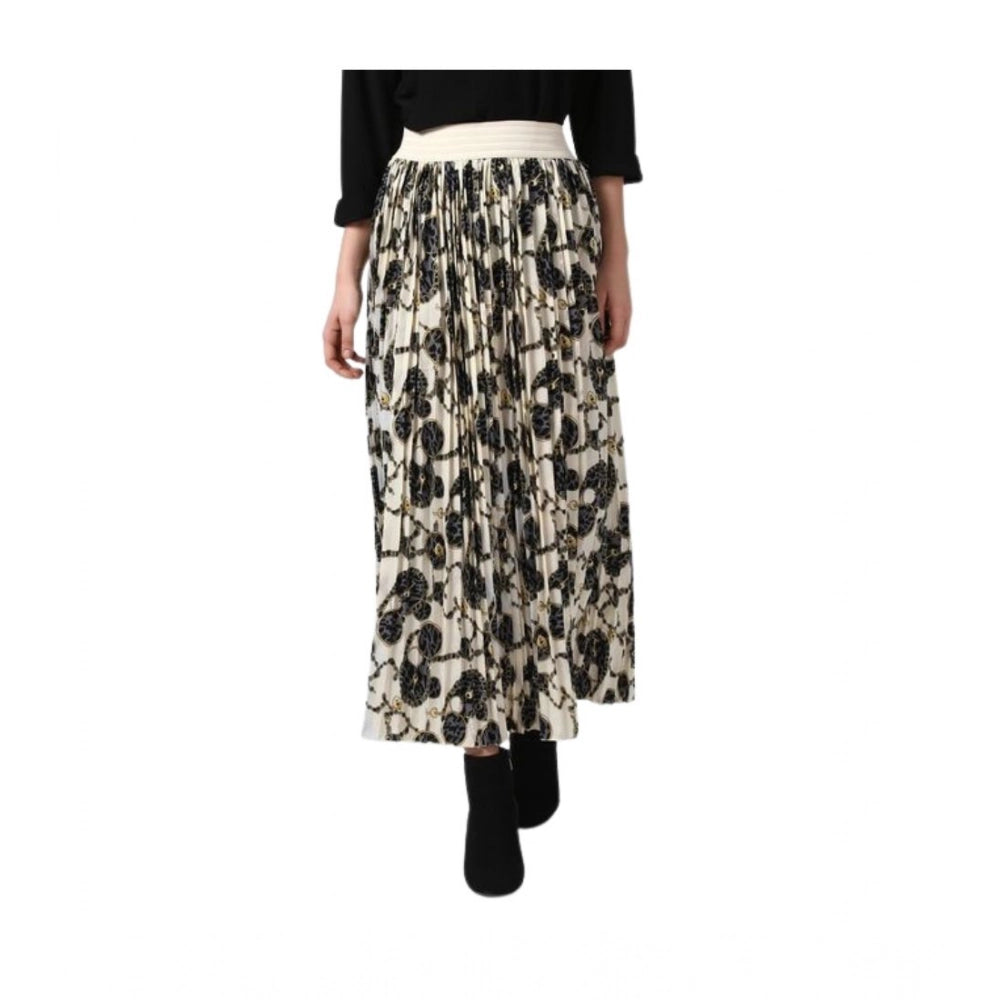 Snuggle Spot Women's Georgette Chain Print Elasticated Skirt (Cream-Black)