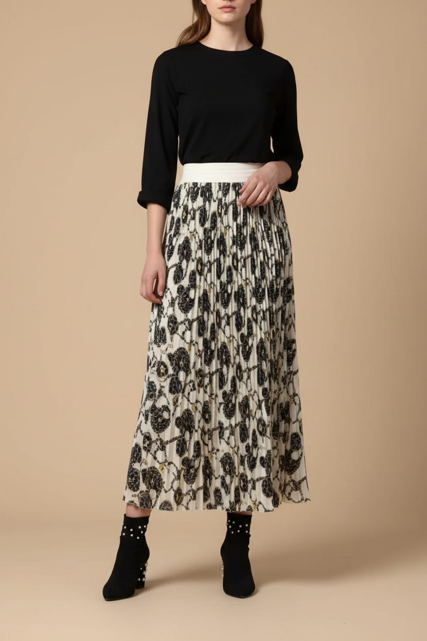 Snuggle Spot Women's Georgette Chain Print Elasticated Skirt (Cream-Black)