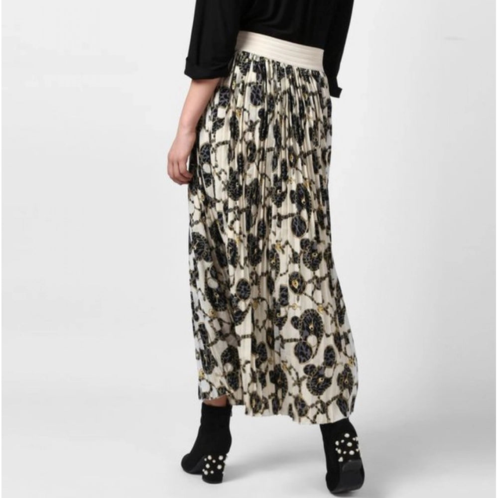 Snuggle Spot Women's Georgette Chain Print Elasticated Skirt (Cream-Black)