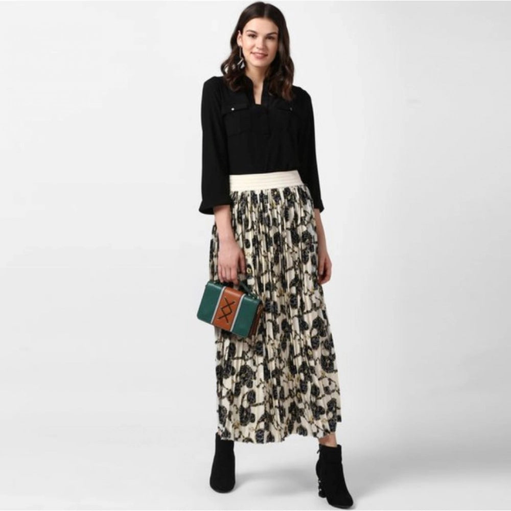 Snuggle Spot Women's Georgette Chain Print Elasticated Skirt (Cream-Black)
