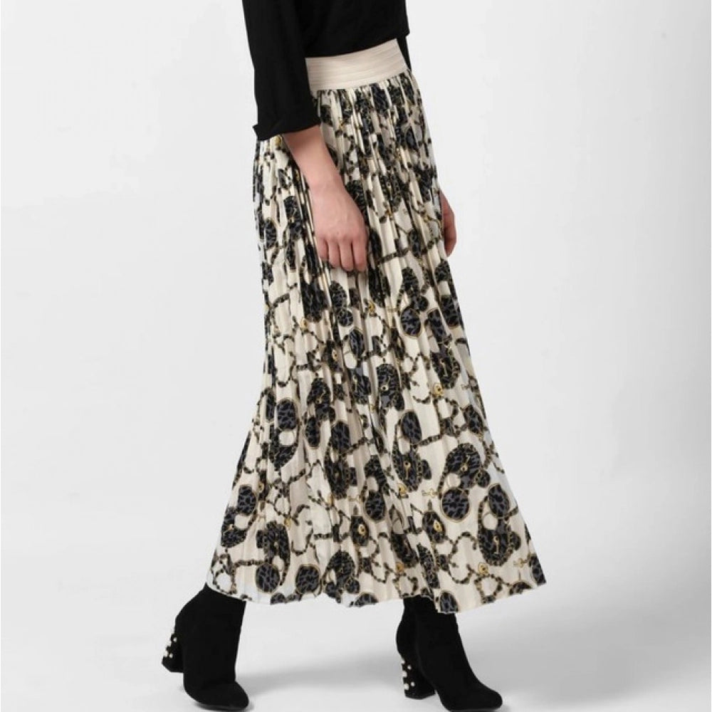 Snuggle Spot Women's Georgette Chain Print Elasticated Skirt (Cream-Black)