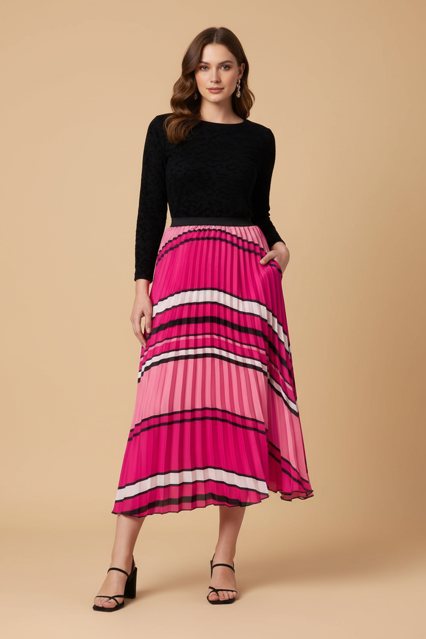 Snuggle Spot Women's Satin Pleated Elasticated Skirt (Pink)