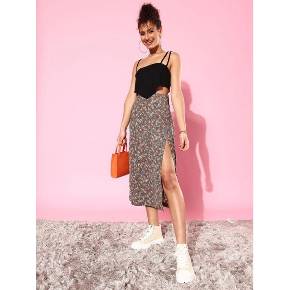 Snuggle Spot Women's Polyester Floral Side Zip Skirt (Grey - Coral)