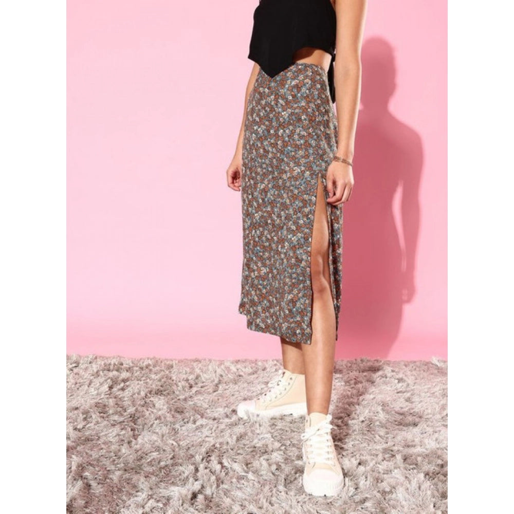 Snuggle Spot Women's Polyester Floral Side Zip Skirt (Grey - Coral)