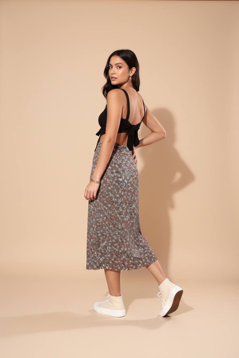Snuggle Spot Women's Polyester Floral Side Zip Skirt (Grey - Coral)