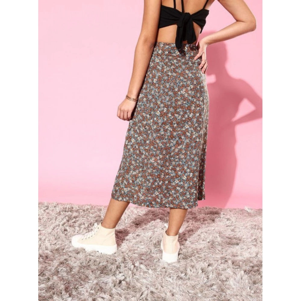 Snuggle Spot Women's Polyester Floral Side Zip Skirt (Grey - Coral)