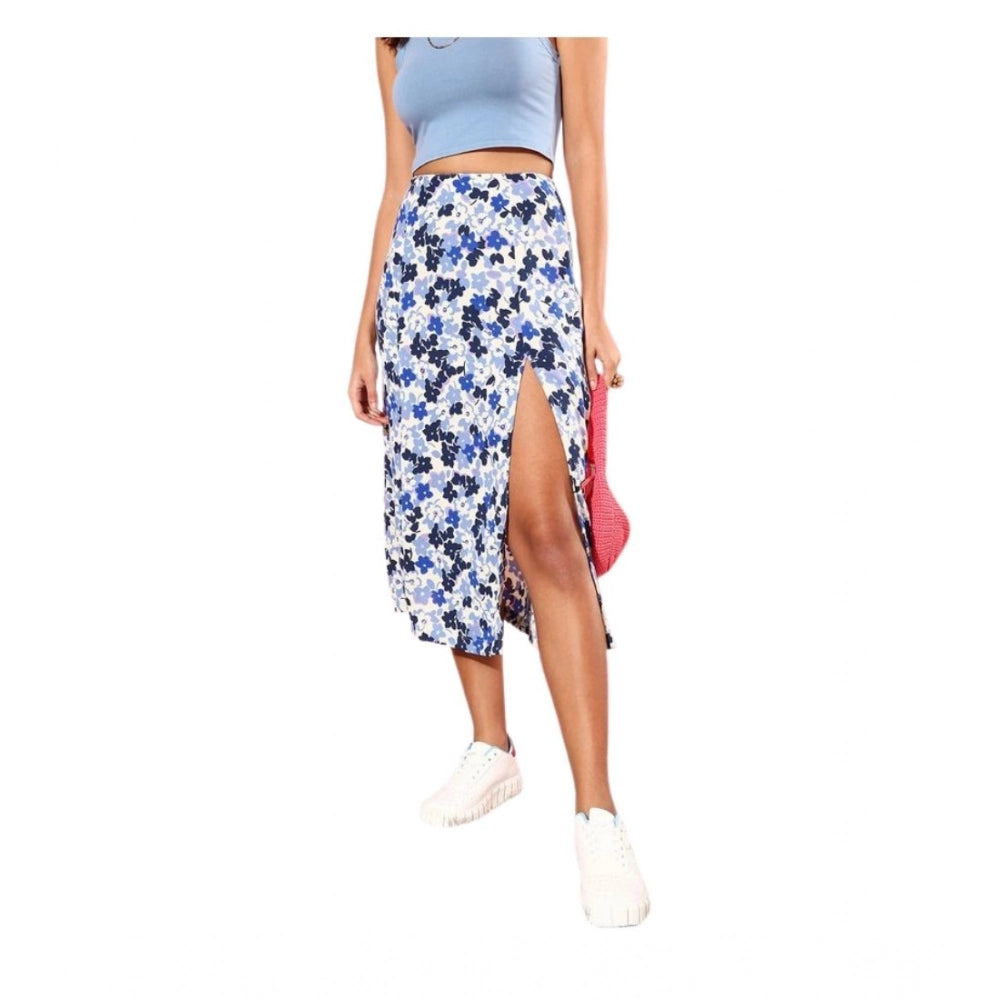 Snuggle Spot Women's Polyester Floral Side Zip Skirt (Blue - White)