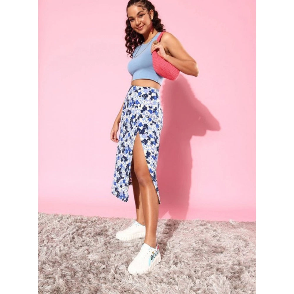 Snuggle Spot Women's Polyester Floral Side Zip Skirt (Blue - White)