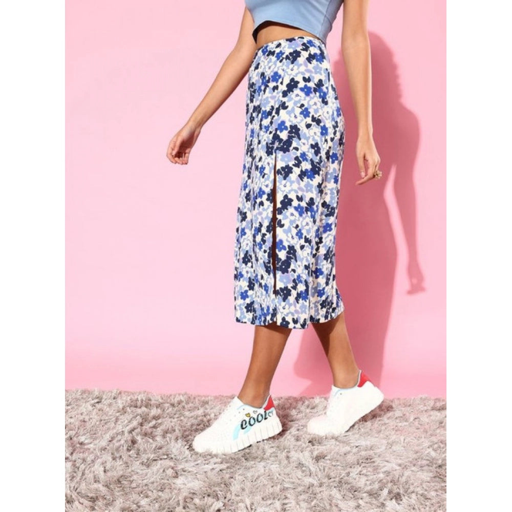 Snuggle Spot Women's Polyester Floral Side Zip Skirt (Blue - White)