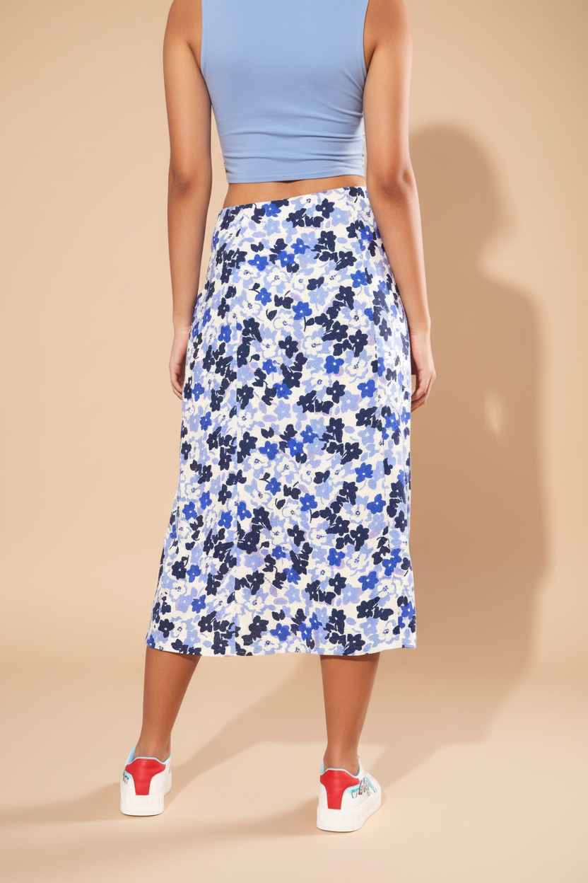 Snuggle Spot Women's Polyester Floral Side Zip Skirt (Blue - White)