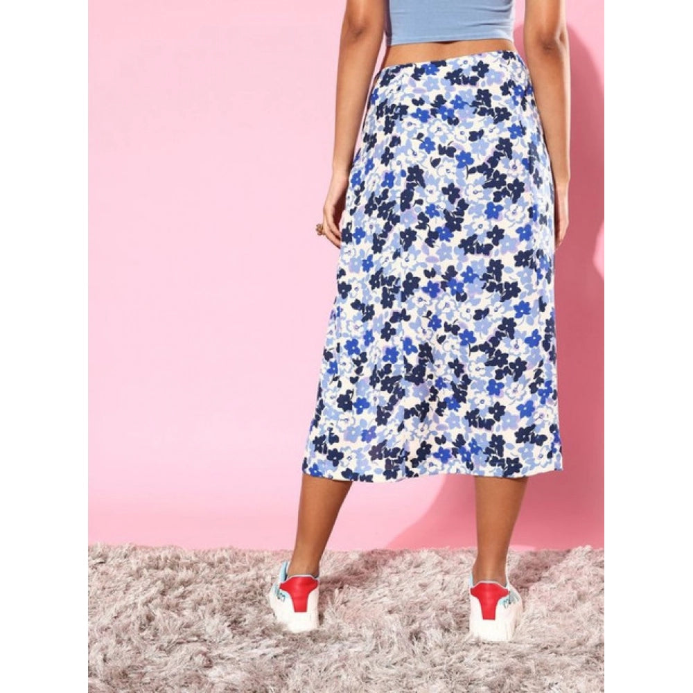 Snuggle Spot Women's Polyester Floral Side Zip Skirt (Blue - White)