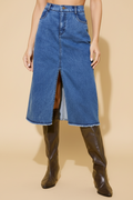 Snuggle Spot Women's Denim Solid Buttoned Skirt (Blue)