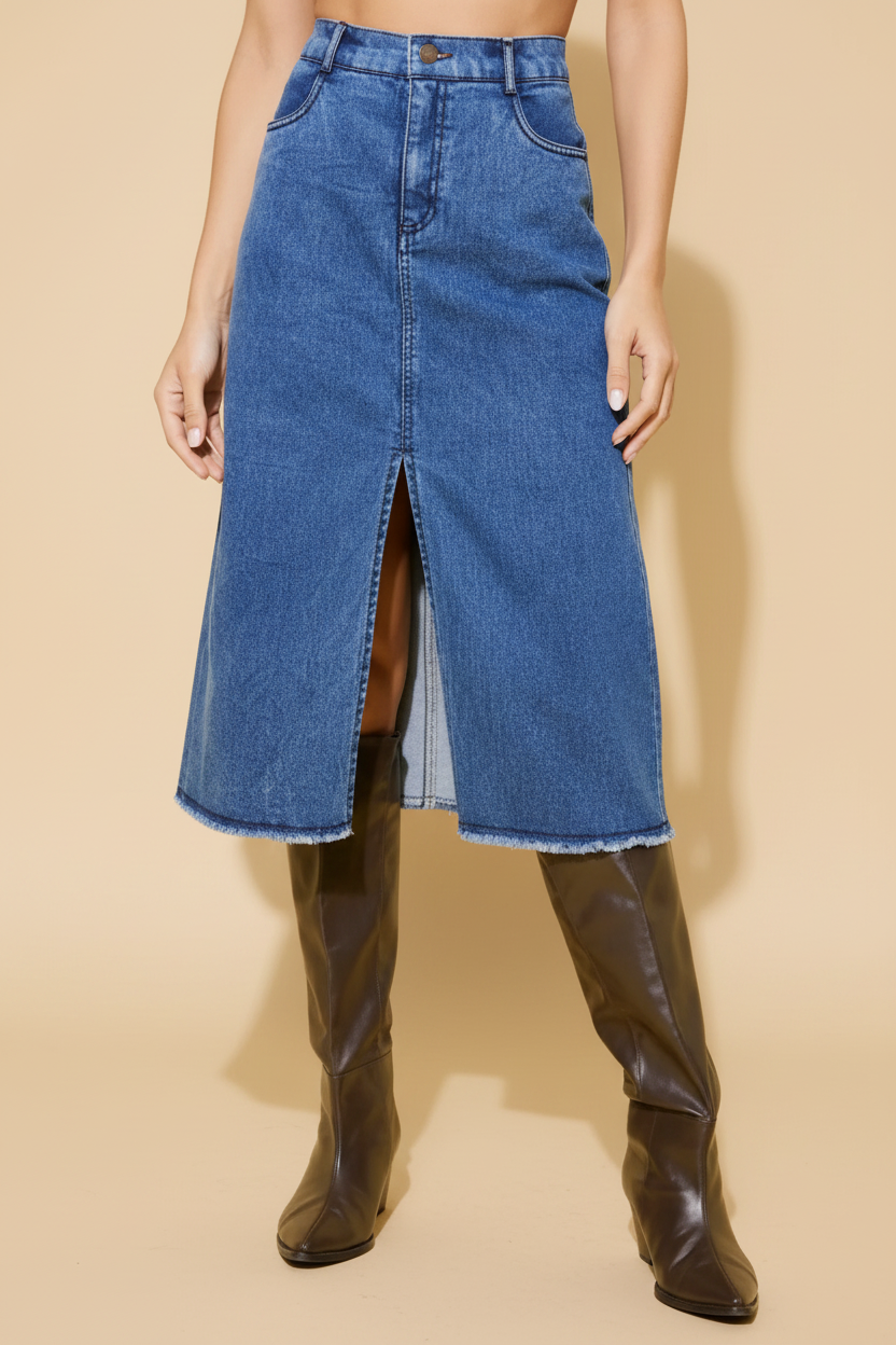 Snuggle Spot Women's Denim Solid Buttoned Skirt (Blue)
