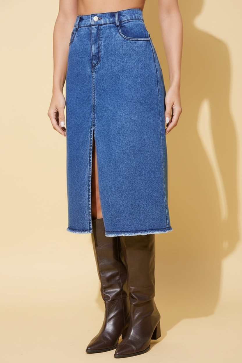 Snuggle Spot Women's Denim Solid Buttoned Skirt (Blue)