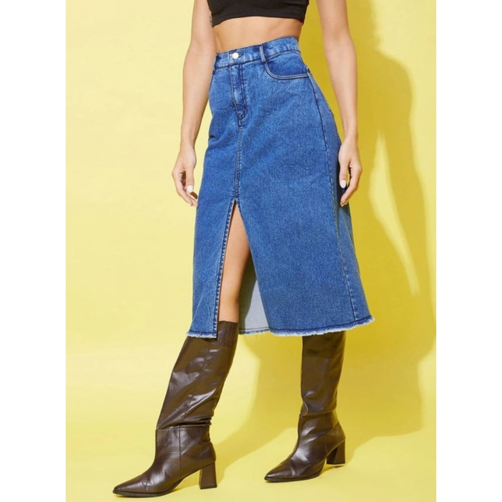 Snuggle Spot Women's Denim Solid Buttoned Skirt (Blue)