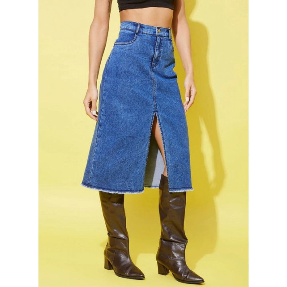 Snuggle Spot Women's Denim Solid Buttoned Skirt (Blue)