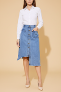 Snuggle Spot Women's Denim Hi Lo Buttoned Skirt (Blue)