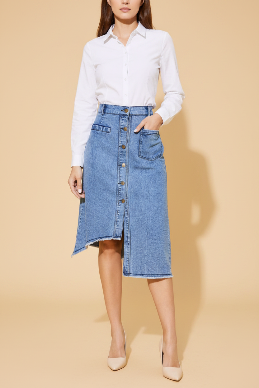 Snuggle Spot Women's Denim Hi Lo Buttoned Skirt (Blue)