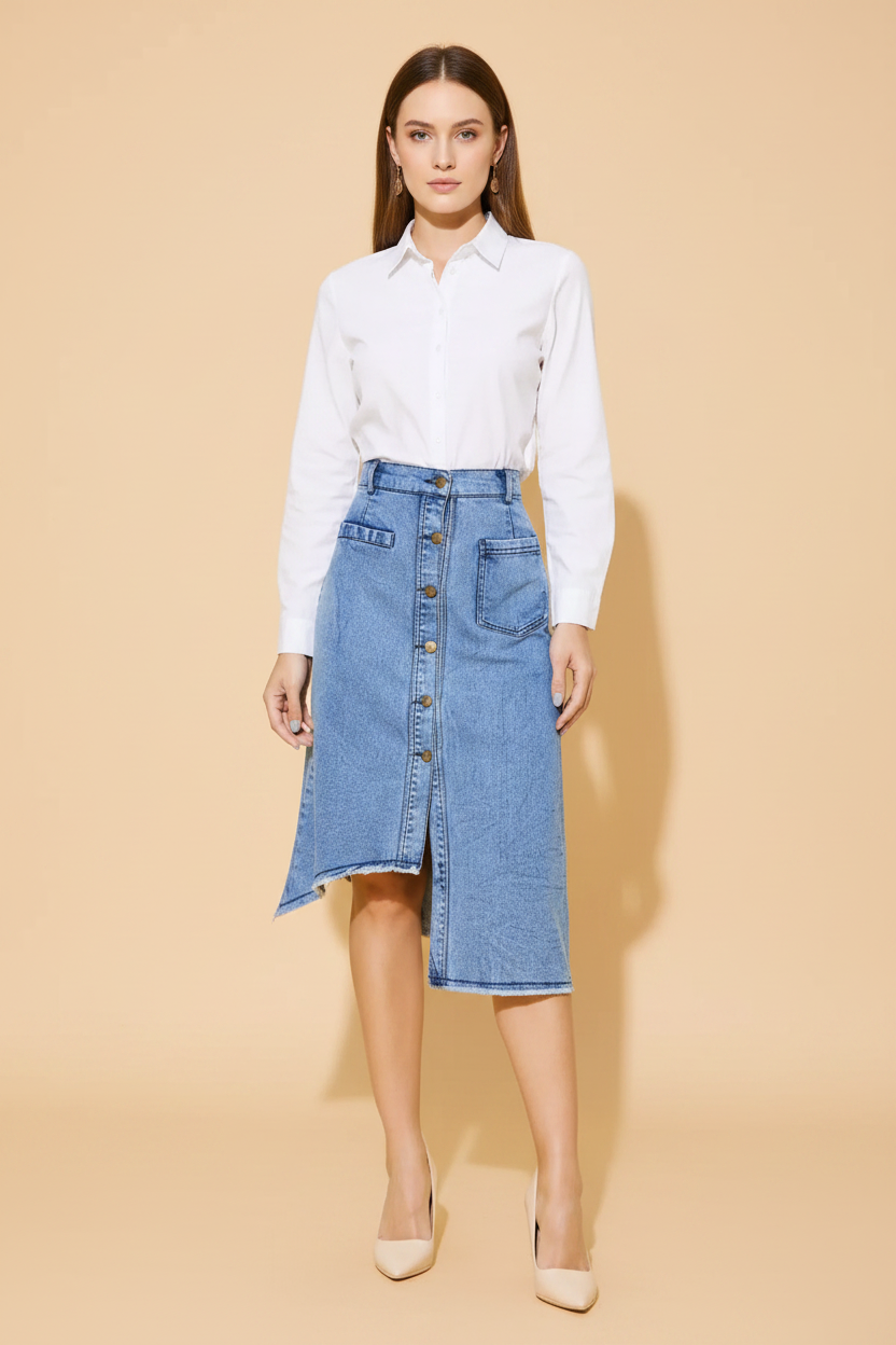Snuggle Spot Women's Denim Hi Lo Buttoned Skirt (Blue)