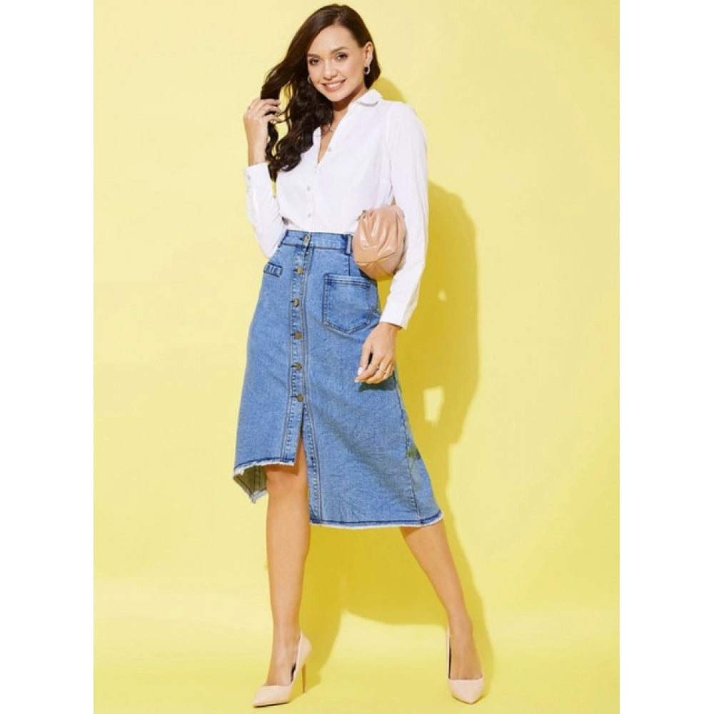 Snuggle Spot Women's Denim Hi Lo Buttoned Skirt (Blue)