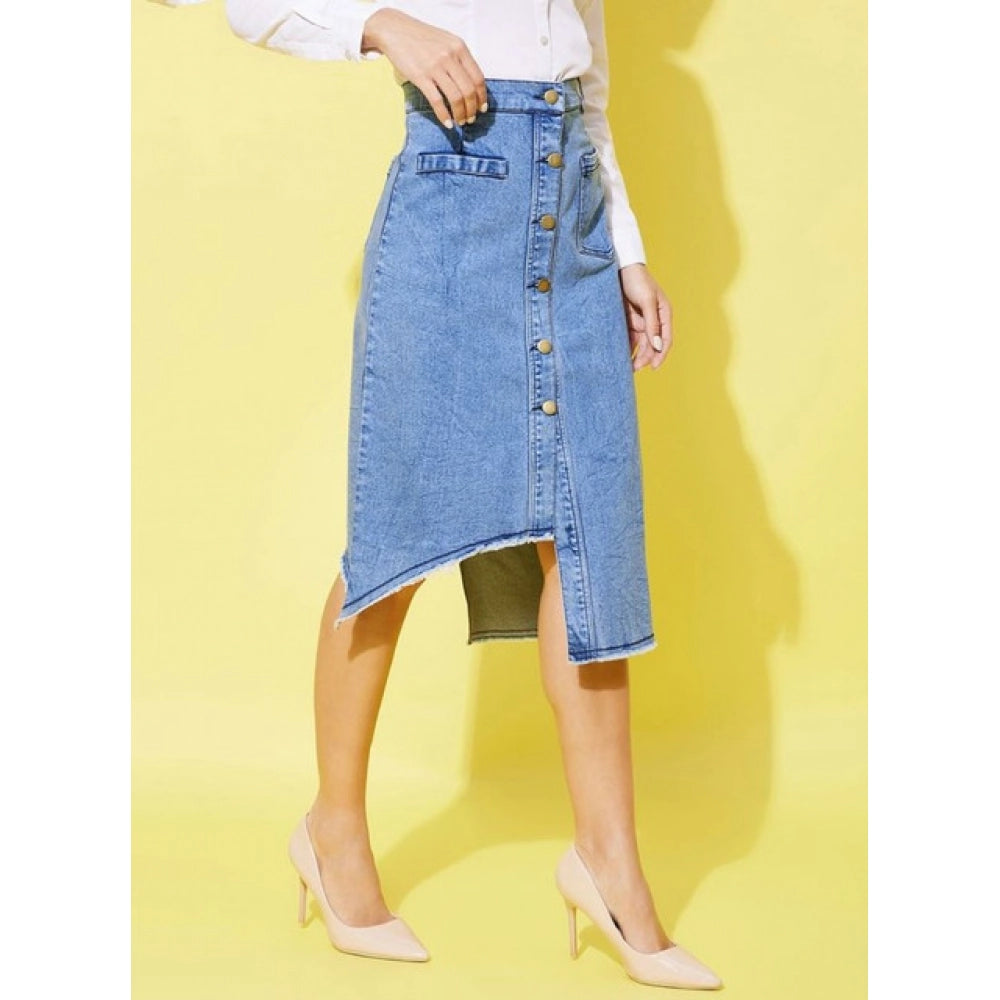 Snuggle Spot Women's Denim Hi Lo Buttoned Skirt (Blue)
