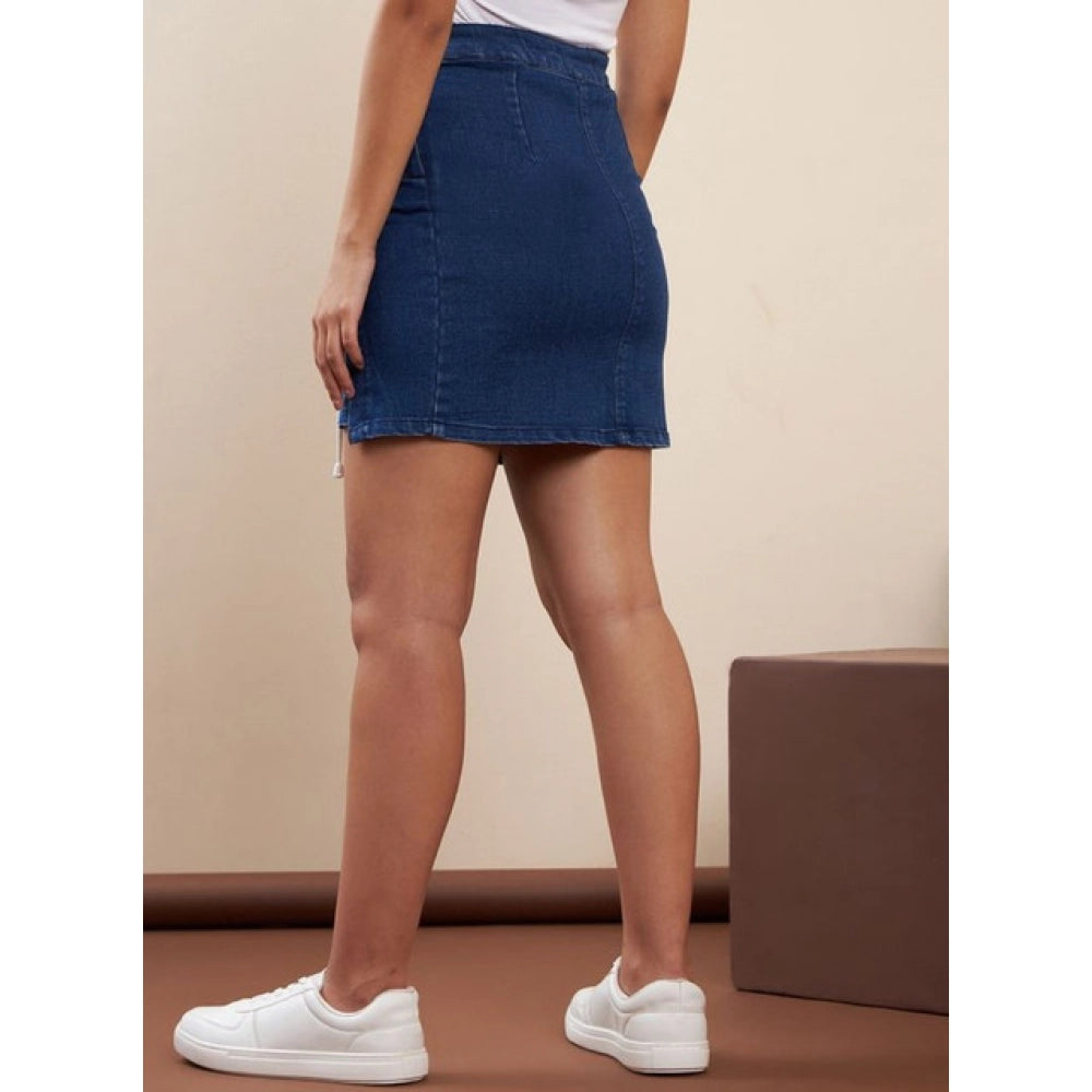 Snuggle Spot Women's Denim Lycra Solid Button Skirt (Blue)