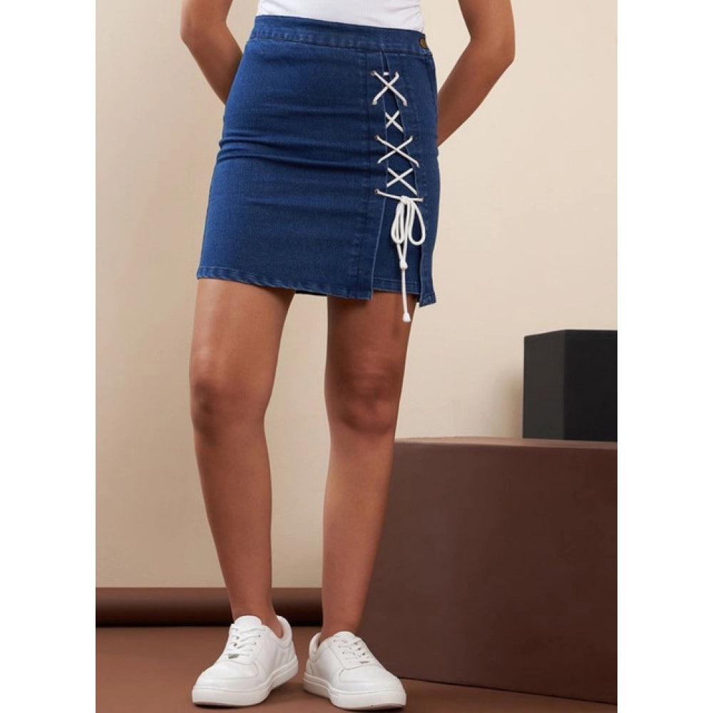 Snuggle Spot Women's Denim Lycra Solid Button Skirt (Blue)