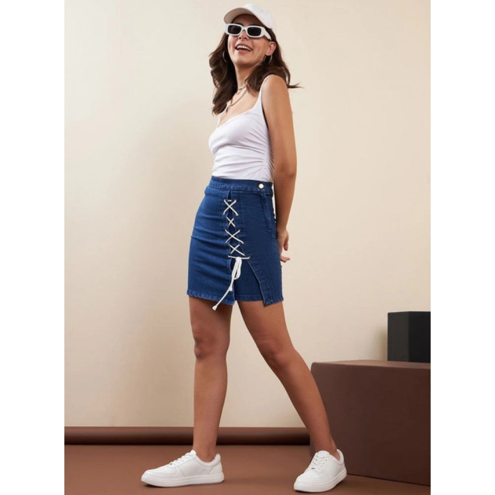 Snuggle Spot Women's Denim Lycra Solid Button Skirt (Blue)